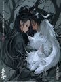 《二哈和他的白猫师尊》bl漫画封面，虐心仙侠风格，墨燃黑衣傲立，楚晚宁白猫形态蜷缩，画面对比强烈