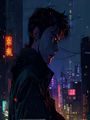 《默读》bl漫画封面，刑侦悬疑风格，男主费渡侧颜冷峻，暗色背景下城市霓虹映照，情感张力十足